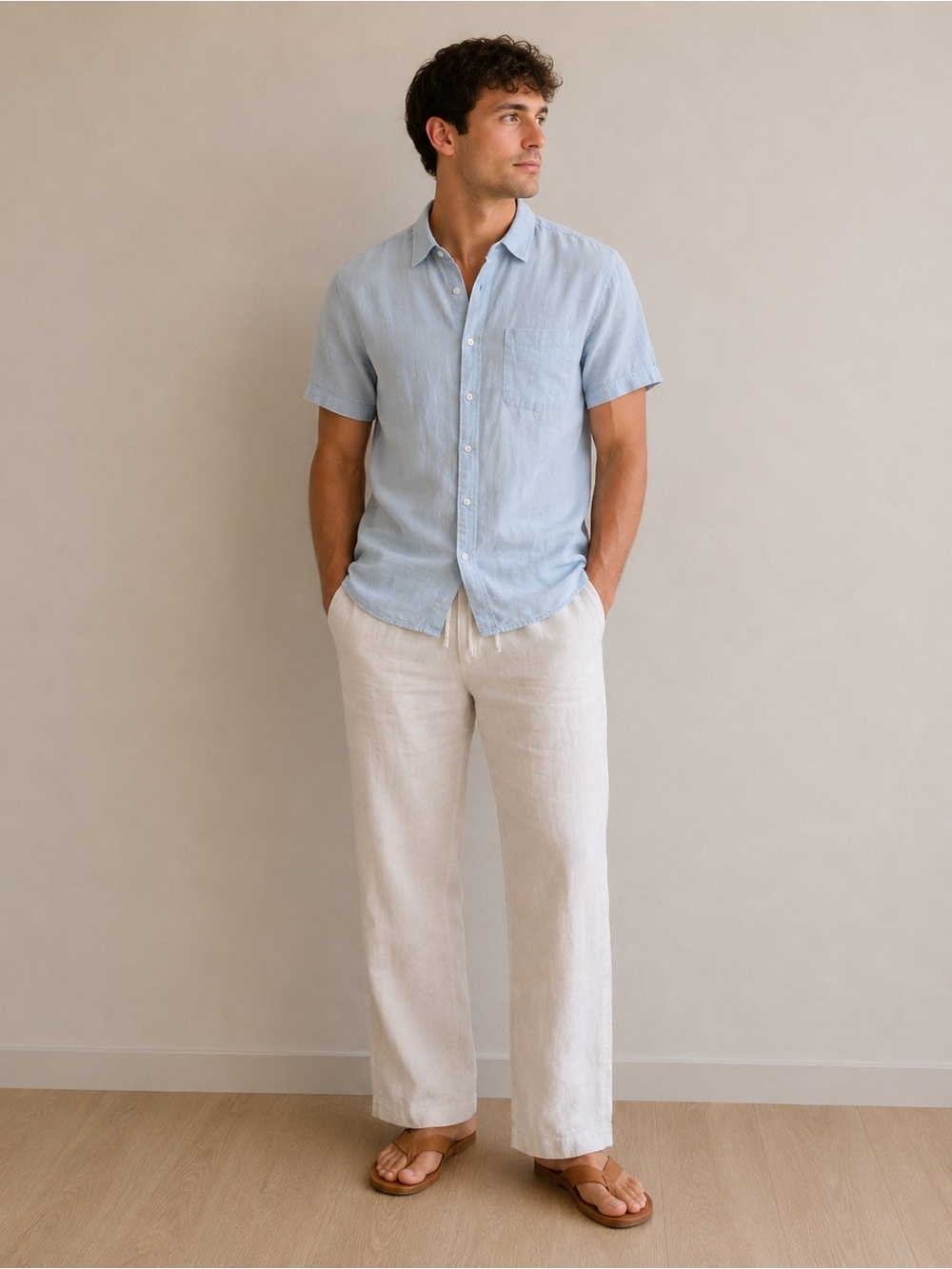 Light Blue Short Sleeve Button-Up Shirt 100% linen. BB28